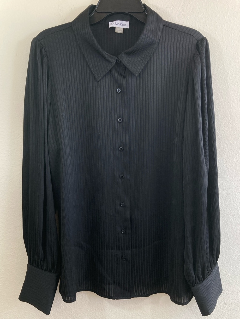 Calvin Klein Black Button Up Shirt Size L Textured Pinstripe Blouse